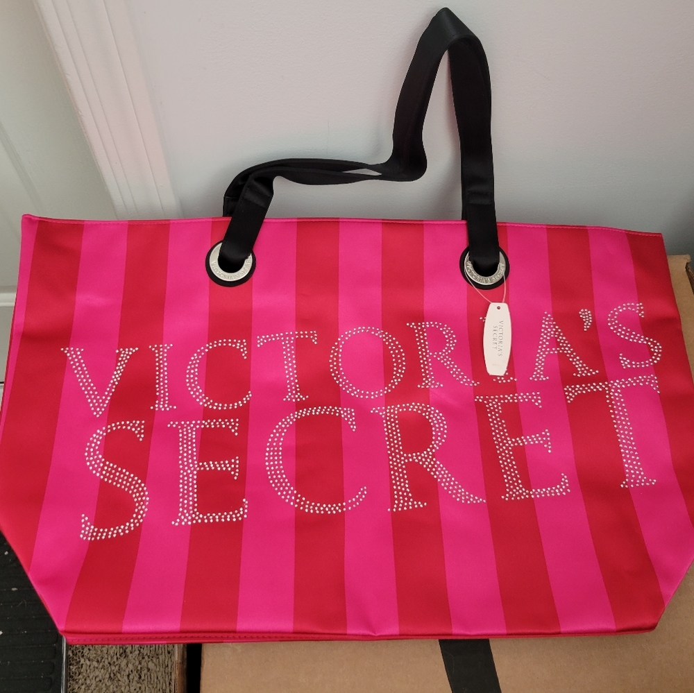 Victoria's Secret Stripe Rhinestone Blingy Tote Bag Overnight